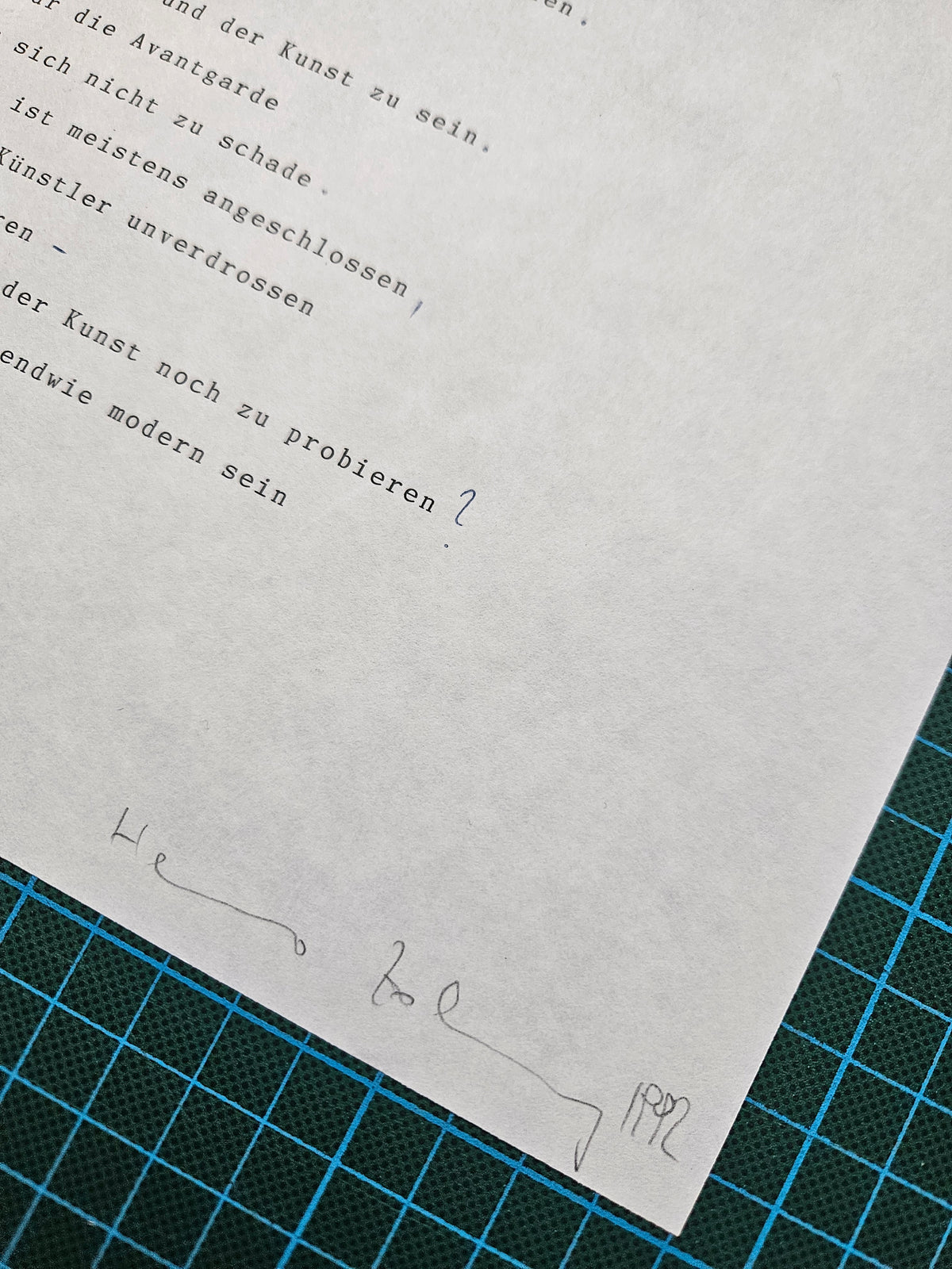 Detail of a poem by Heimo Zobernig, which got published as a limited edition. Signed and numbered. signature Heimo Zobernig
ohne Titel
1992
Typewriter, ball pen on paper
29.7 x 21 cm
Ed 19/30