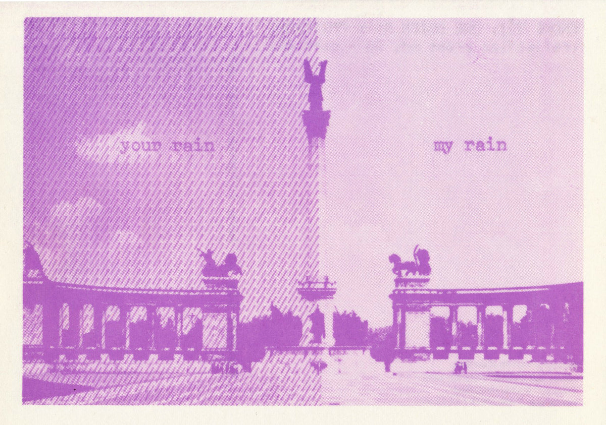 11 postcard of Endre Tót
One Dozen Rain Postcards
1973
12 postcards and credits-page in stamped envelope
11,5 x 16 cm (envelop), 10,5 x 15 cm (postcards)
Published by Albrecht D. / Reflection Press, Stuttgart
not numbered, not signed mailart