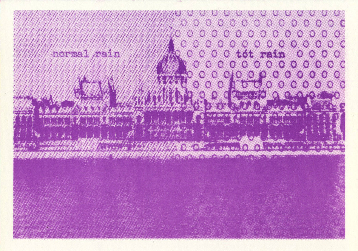 2 postcard of Endre Tót
One Dozen Rain Postcards
1973
12 postcards and credits-page in stamped envelope
11,5 x 16 cm (envelop), 10,5 x 15 cm (postcards)
Published by Albrecht D. / Reflection Press, Stuttgart
not numbered, not signed mailart