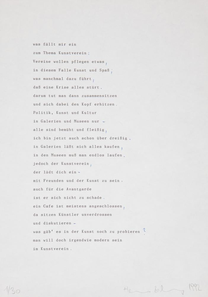 A poem by Heimo Zobernig, which got published as a limited edition. Signed and numbered. Heimo Zobernig
ohne Titel
1992
Typewriter, ball pen on paper
29.7 x 21 cm
Ed 19/30