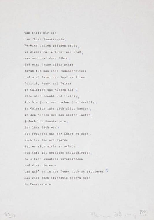 A poem by Heimo Zobernig, which got published as a limited edition. Signed and numbered. Heimo Zobernig
ohne Titel
1992
Typewriter, ball pen on paper
29.7 x 21 cm
Ed 19/30