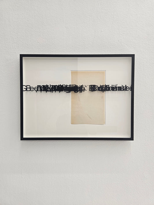 Framed limited ediiion by Robin Waart and Andrew Witkin. Consisting of a vinyl text on plexi glas by Andrew Witkin and a found book page by Robin Waart. 