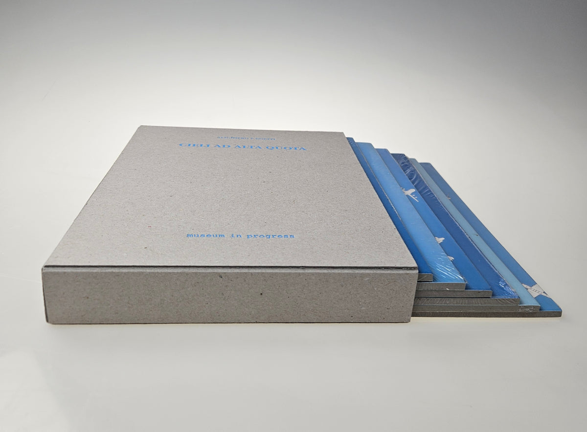 Cardboard box with the six iconic puzzles  Cieli ad alta quota by Alighiero Boetti from the year 1992/1993. 