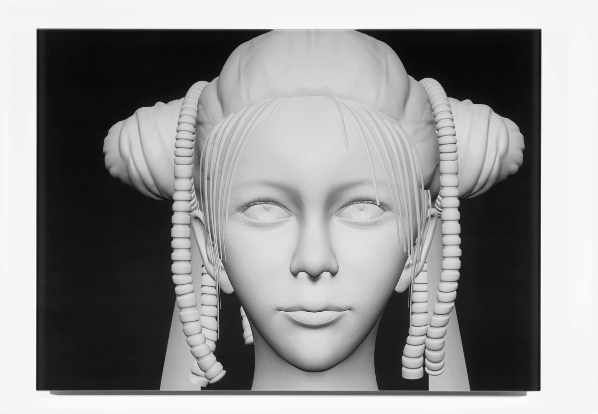 Artwork by Cao Fei (Chinese 曹斐 ). Depicting the so called "New Angel", a computer generated white face of a woman on black background. 