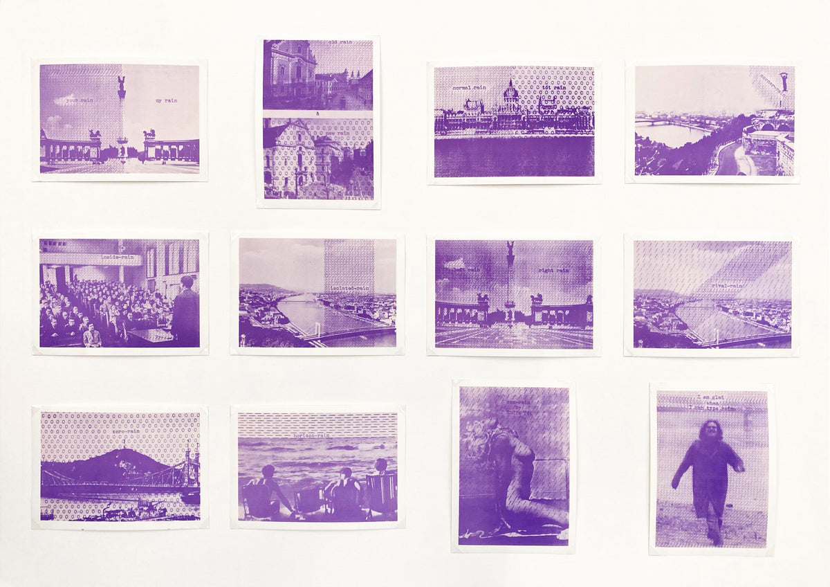 Endre Tót
One Dozen Rain Postcards
1973
12 postcards and credits-page in stamped envelope
11,5 x 16 cm (envelop), 10,5 x 15 cm (postcards)
Published by Albrecht D. / Reflection Press, Stuttgart
not numbered, not signed
