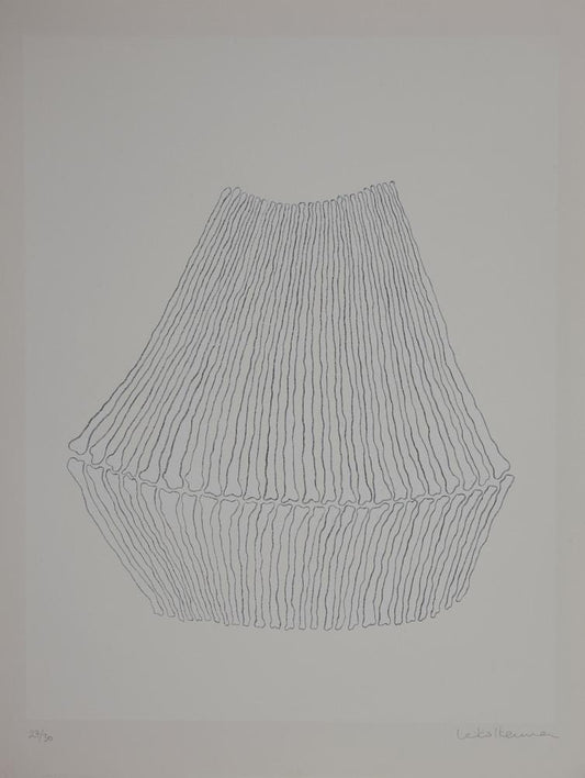 A limited silkscreen print by Leiko Ikemura. Showing a structure which reminds of a basket or vase. 
